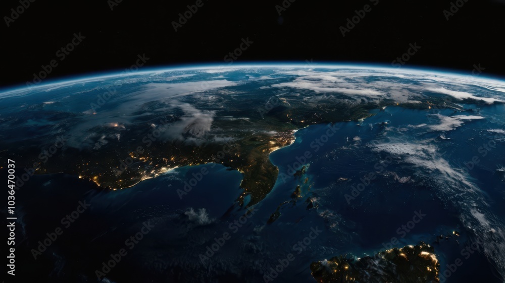 Fototapeta premium Earth, Civilization, Light, Glow, Radiation, Planet, Space, Universe, Continents, Land, Water, Seas, Cities