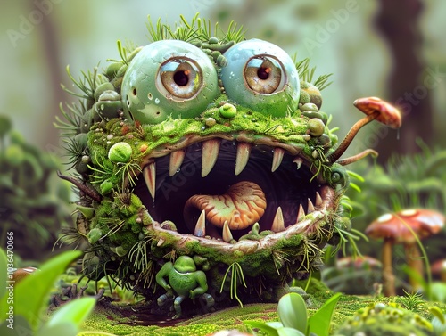 Cute Moss Monster with Big Teeth and Eyes photo