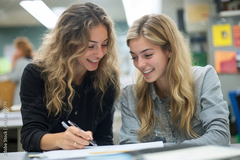 Woman high school professor helping student in class, Generative AI Woman high school professor helping student in class, Generative AI