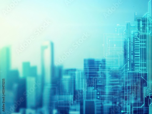 Abstract techinspired city skyline with circuit patterns on buildings close up