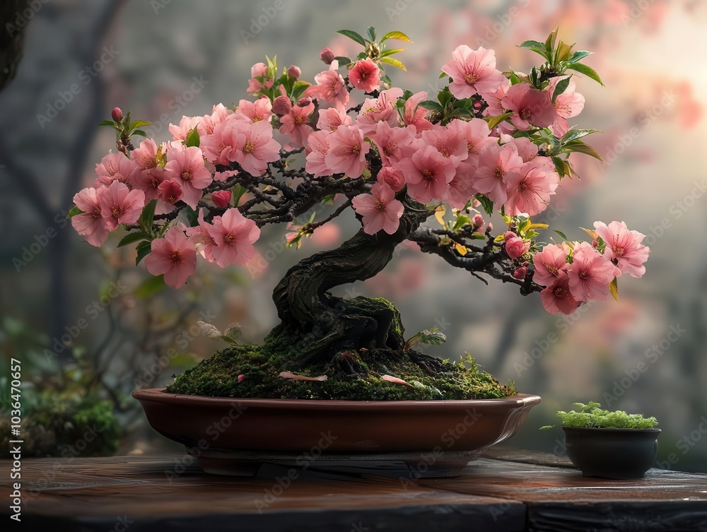 Beautiful pink bonsai tree in bloom, showcasing intricate branches and delicate flowers. Beautiful pink bonsai tree in bloom, showcasing intricate branches and delicate flowers.