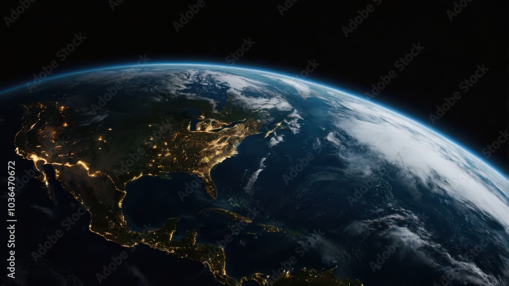 Obraz premium Earth, Civilization, Light, Glow, Radiation, Planet, Space, Universe, Continents, Land, Water, Seas, Cities