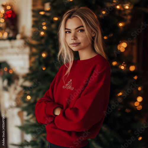 Christmas theme portrait of a woman in red sweater christmas tree in background