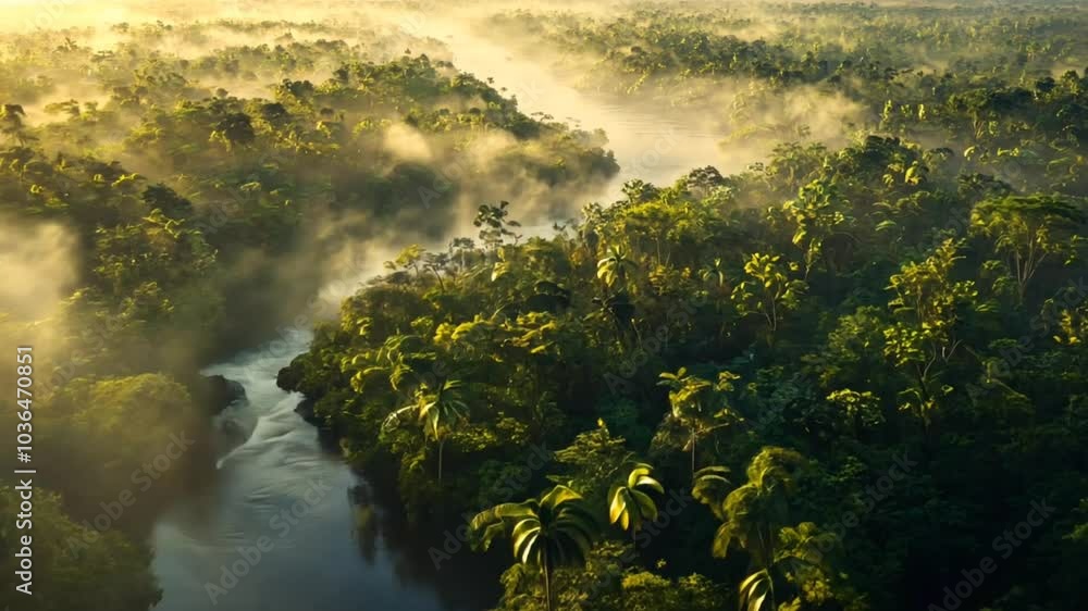Serene river winding through misty tropical rainforest at sunrise. Nature landscape concept Serene river winding through misty tropical rainforest at sunrise. Nature landscape concept