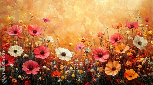 Vibrant garden full of blooming flowers under a warm orange sky during sunset in early autumn