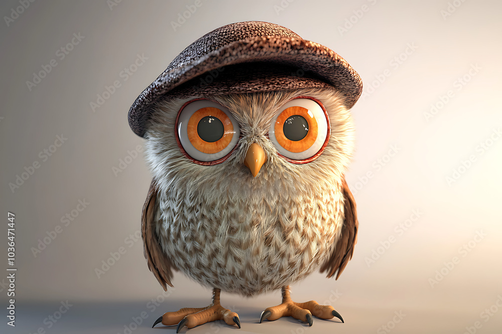 A cute, stylized owl wearing a hat, showcasing a whimsical character design. A cute, stylized owl wearing a hat, showcasing a whimsical character design.