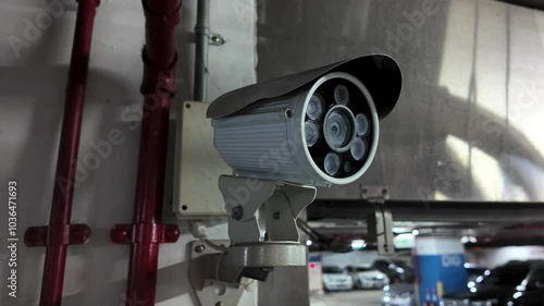 Surveillance camera monitor cars in an underground parking garage, ensuring security and safety.