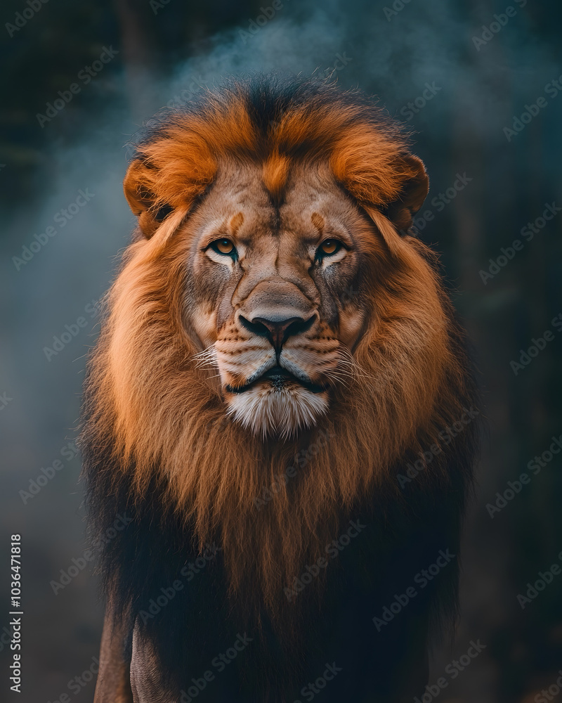 Fototapeta premium An elegant lion with a crown with a dramatic background