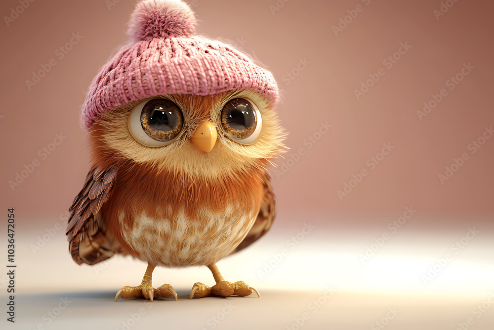 Obraz premium A cute cartoon owl wearing a pink knitted hat, showcasing a whimsical and playful design.