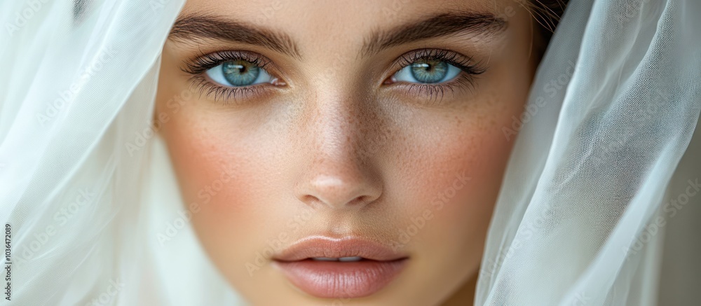 A woman with blue eyes and freckled skin looks intensely at the camera while wearing a sheer white fabric over her head. A woman with blue eyes and freckled skin looks intensely at the camera while wearing a sheer white fabric over her head.