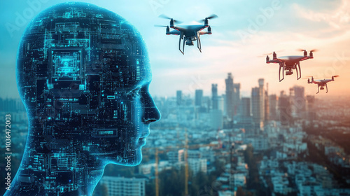 Robot heads, urban buildings, and drones