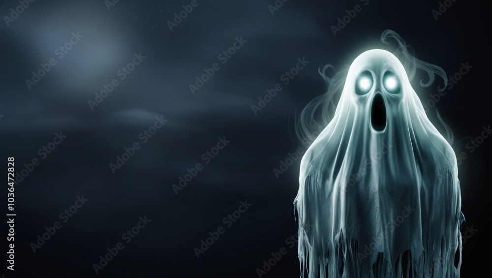 A scary ghost isolated on dark night background with copy space, Halloween concept A scary ghost isolated on dark night background with copy space, Halloween concept