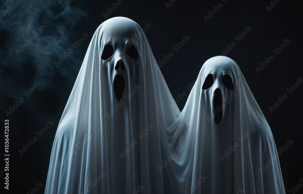 Two scary ghost with white smoke on dark background, Halloween day concept Two scary ghost with white smoke on dark background, Halloween day concept