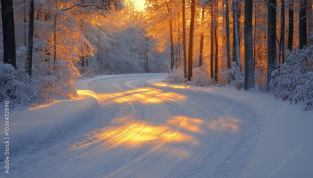 Snow-covered forest path with warm sunlight. Perfect for winter, nature, and travel themes. Snow-covered forest path with warm sunlight. Perfect for winter, nature, and travel themes.