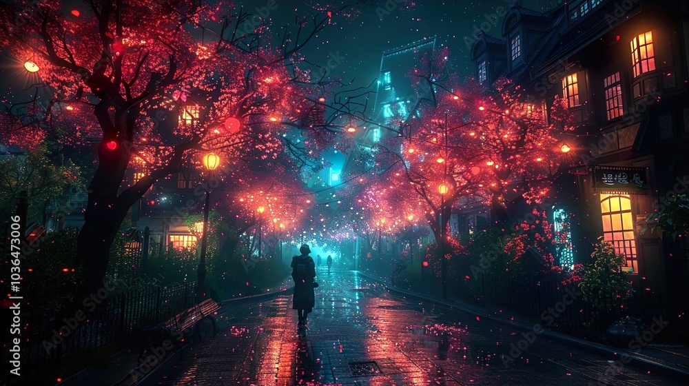 Fototapeta premium Rainy Night in a City with Glowing Trees
