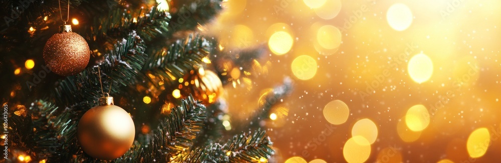 Christmas tree with shimmering ornaments golden bokeh lights soft-focus backdrop. Banner. Christmas tree with shimmering ornaments golden bokeh lights soft-focus backdrop. Banner.