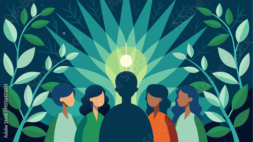 Slivers of sunlight peek through the leafy canopy illuminating the group and symbolizing the inner light each person holds within.. Vector illustration