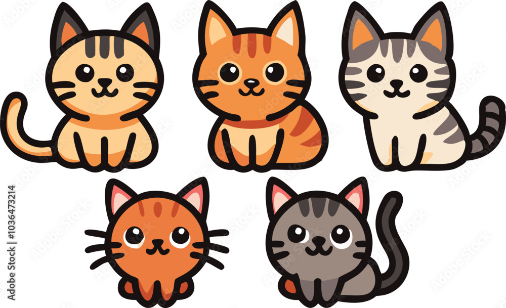 Fototapeta premium Five Adorable Cartoon Cats In Different Colors