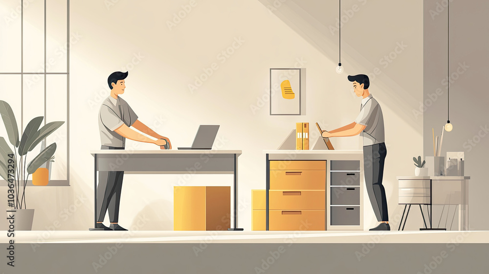 Two men are cleaning and organizing in the office Two men are cleaning and organizing in the office