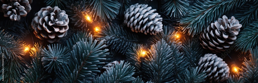 Fototapeta premium Frosted pinecones in fir branches with glowing lights. Cozy Christmas banner. Banner.