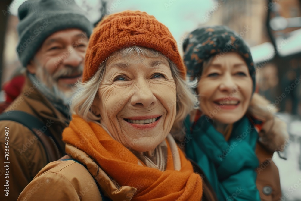 Group of senior friends walking on the street in winter. Smiling and looking at camera. Group of senior friends walking on the street in winter. Smiling and looking at camera.