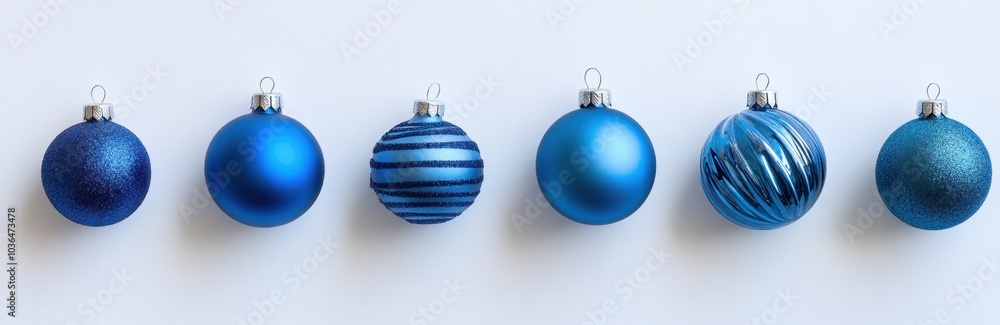 Christmas ornaments in blue on white backdrop festive decor. Banner. Christmas ornaments in blue on white backdrop festive decor. Banner.