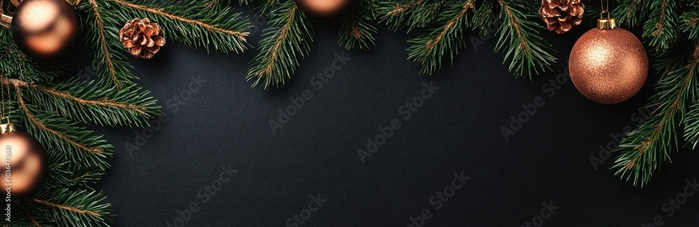 Christmas frame with pine branches and copper baubles black festive card layout. Banner. Christmas frame with pine branches and copper baubles black festive card layout. Banner.