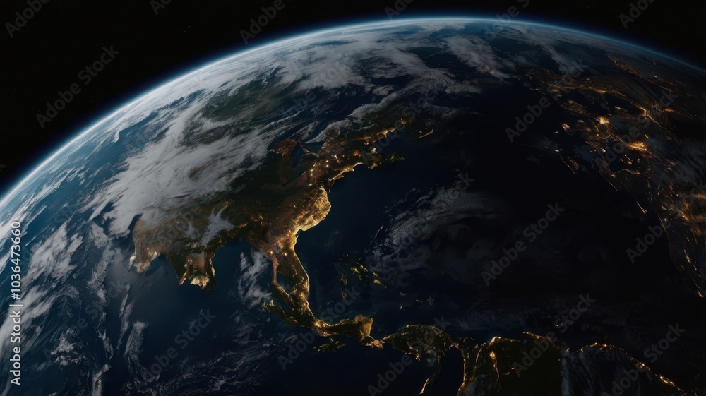 Obraz premium Earth, Civilization, Light, Glow, Radiation, Planet, Space, Universe, Continents, Land, Water, Seas, Cities