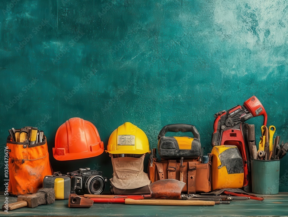 Assortment of construction tools and safety equipment on a wooden table against a teal wall. Assortment of construction tools and safety equipment on a wooden table against a teal wall.