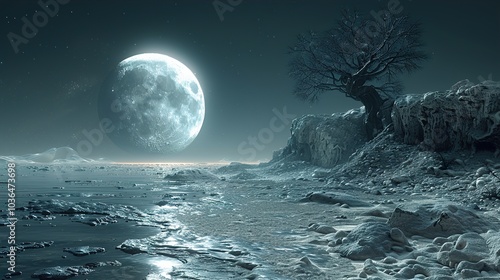Ethereal Moonlit Landscape: A Serene Night Under a Giant Moon
