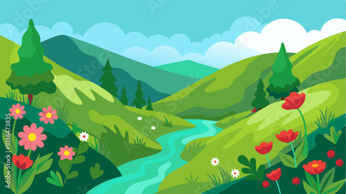 Wildflowers dot the lush green hillsides that line the creek adding pops of color to the verdant landscape.