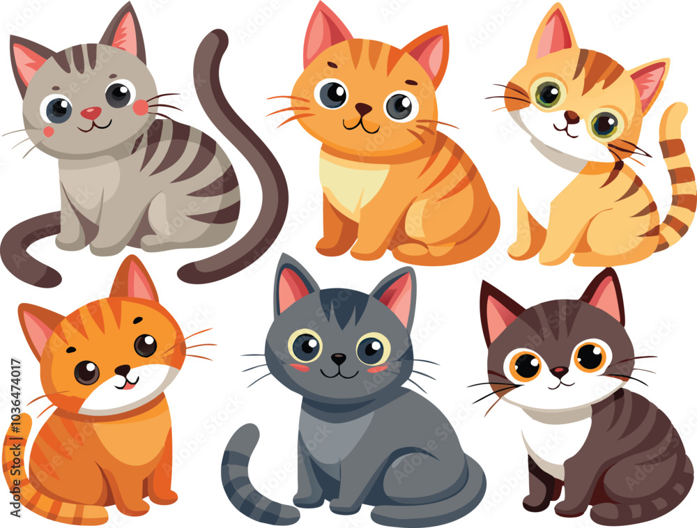 Six Adorable Cartoon Cats In Different Poses Six Adorable Cartoon Cats In Different Poses
