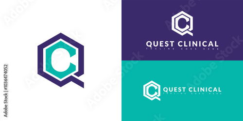 Modern initial hexagon vector letter QC or CQ logo in purple-blue color isolated on multiple background colors. The logo is suitable for medical exam service in the legal space logo design inspiration