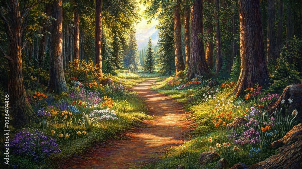 Fototapeta premium A sunlit path through a lush forest, with wildflowers blooming on either side, leads to a clearing in the distance.