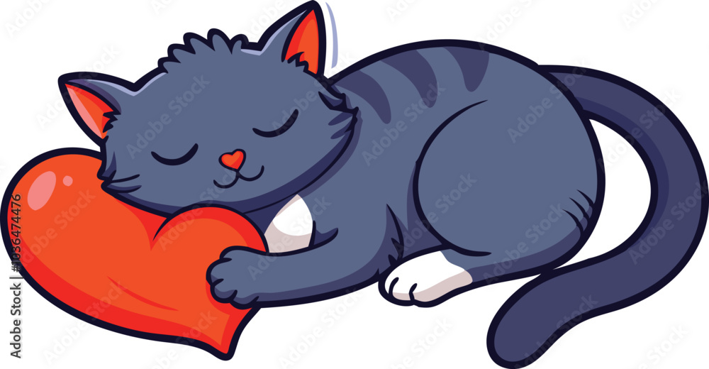 Fototapeta premium Sleeping Cat Holding Red Heart Love Animal