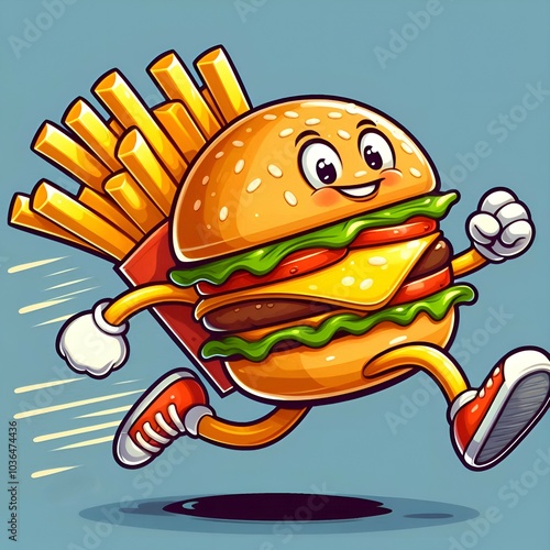 cute burger and chips, fast food symbol, hamburger running isolated on blue background