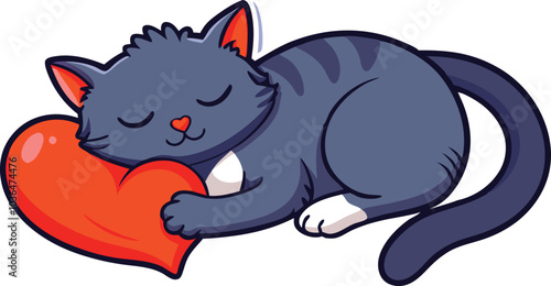 Sleeping Cat Holding Red Heart Love Animal