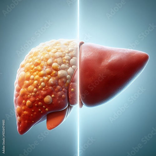 A conceptual medical illustration showing the comparison between a fatty liver and a healthy liver