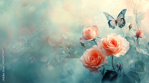 Wallpaper Mural Soft, dreamy image of pink roses and a butterfly in a delicate floral background. Torontodigital.ca