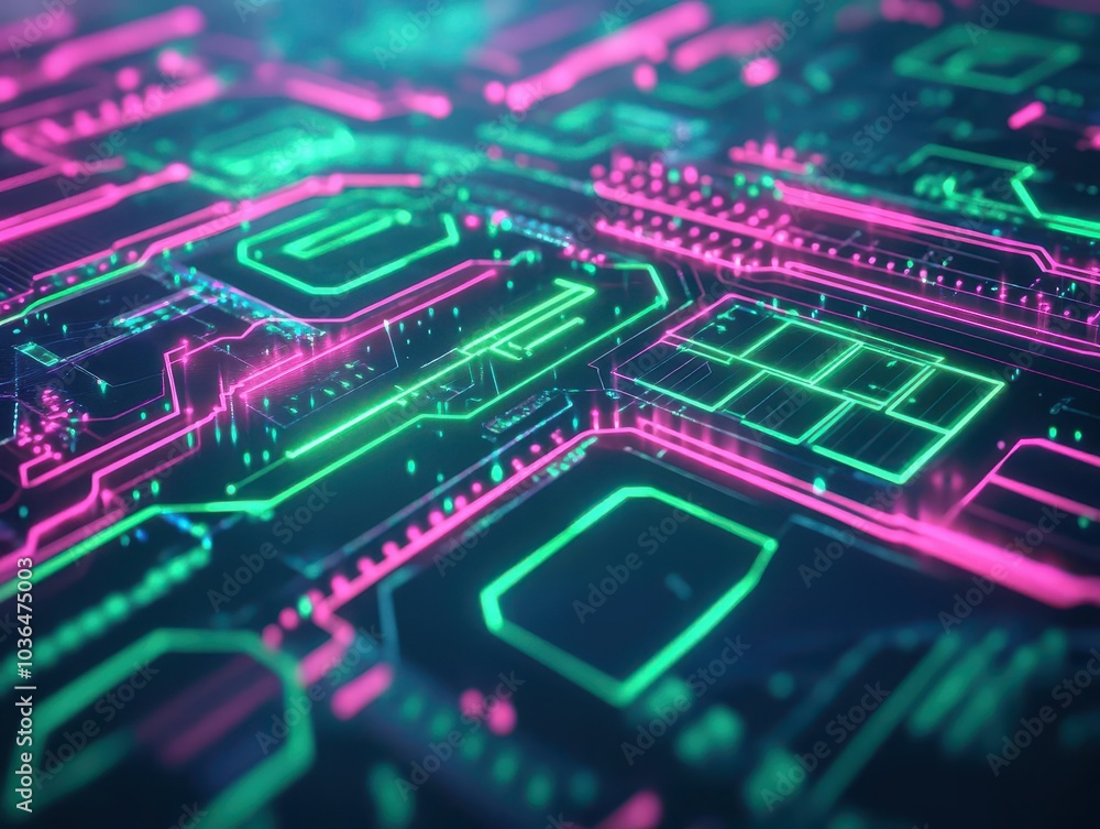 Cyberpunkinspired circuit board with neon green and pink glowing circuits, holographic data interfaces, dark futuristic background, abstract tech design Cyberpunkinspired circuit board with neon green and pink glowing circuits, holographic data interfaces, dark futuristic background, abstract tech design