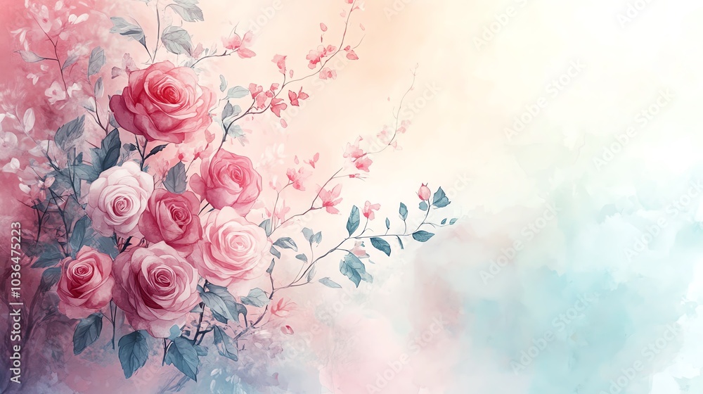 Obraz premium Delicate pink roses bloom on a soft watercolor background, perfect for romantic or feminine designs.