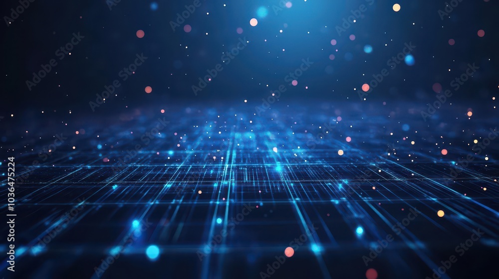 Dark blue digital grid, glowing particles floating, abstract futuristic technology Dark blue digital grid, glowing particles floating, abstract futuristic technology