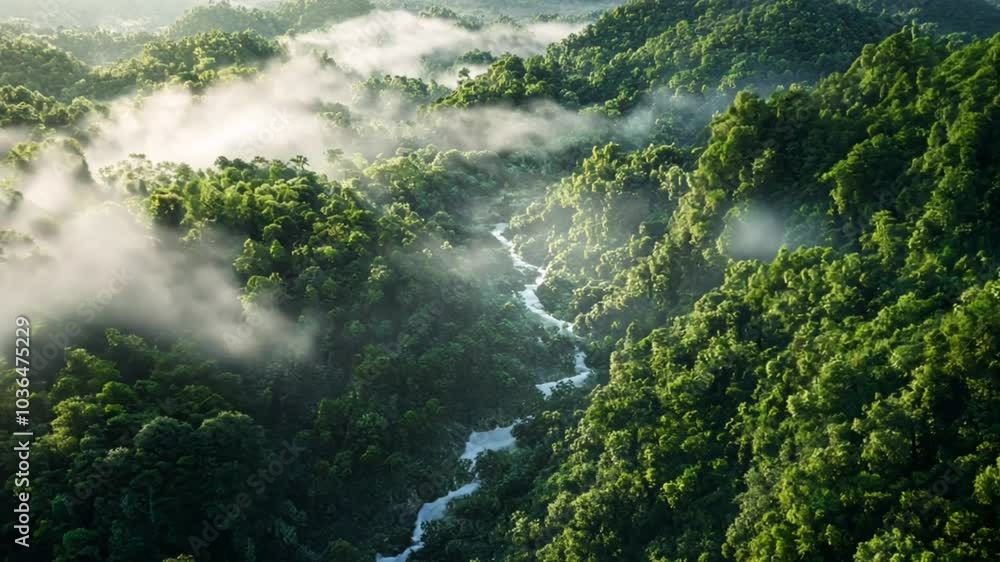 Aerial view of tropical river flowing through misty green rainforest. Travel destination concept Aerial view of tropical river flowing through misty green rainforest. Travel destination concept