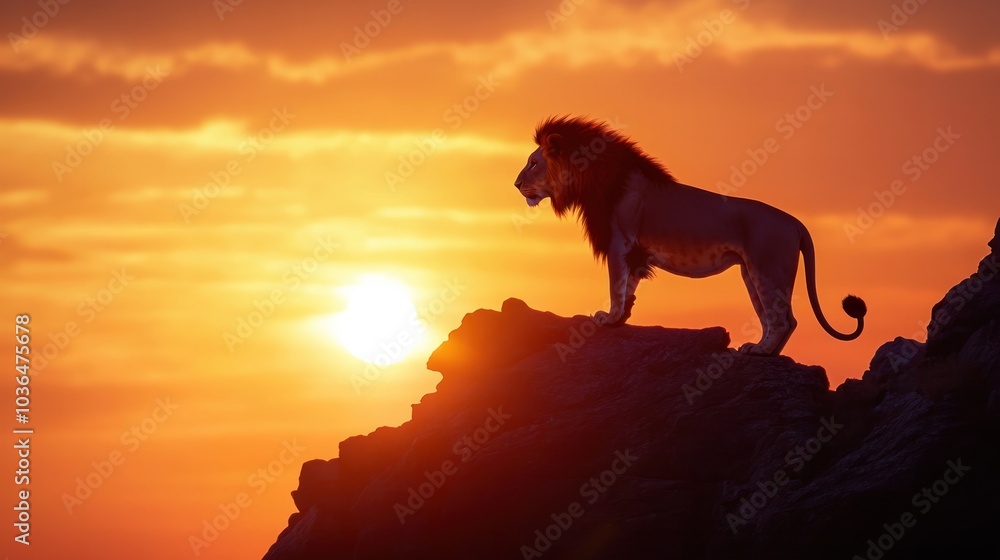 Stunning silhouette of a lion positioned on a steep cliff edge during golden hour, Stunning silhouette of a lion positioned on a steep cliff edge during golden hour,