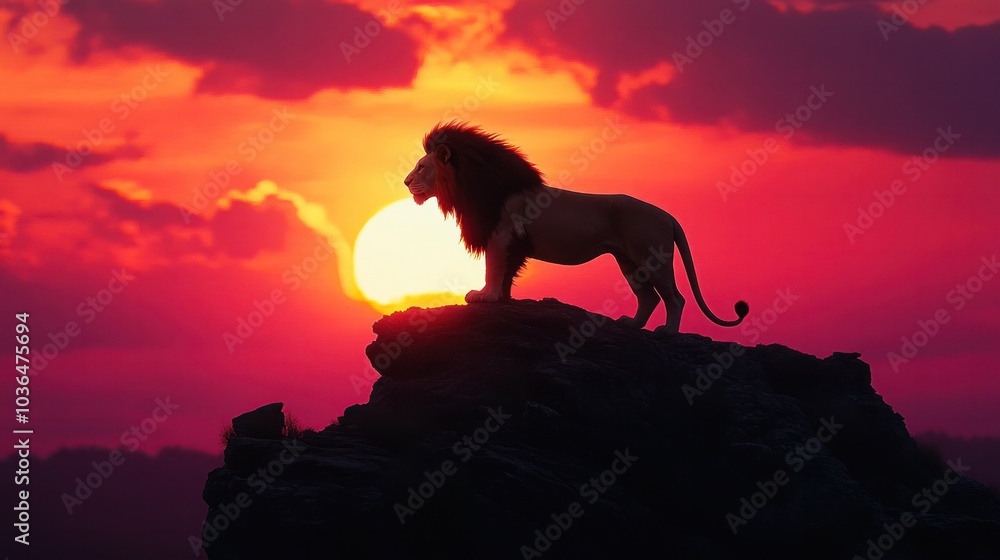 Stunning silhouette of a lion positioned on a steep cliff edge during golden hour, Stunning silhouette of a lion positioned on a steep cliff edge during golden hour,