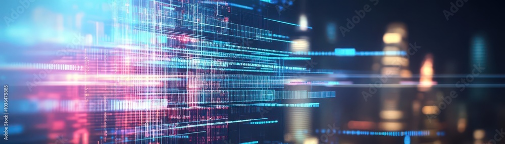 Digital city skyline merging with data lines and pixels close up Digital city skyline merging with data lines and pixels close up