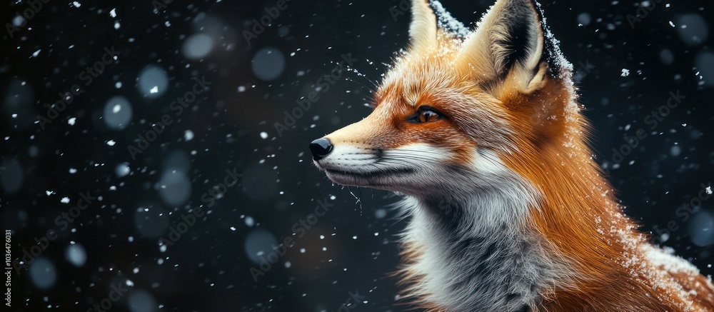 A red fox stands in the snow with its head turned to the side, looking out at the falling snow. A red fox stands in the snow with its head turned to the side, looking out at the falling snow.