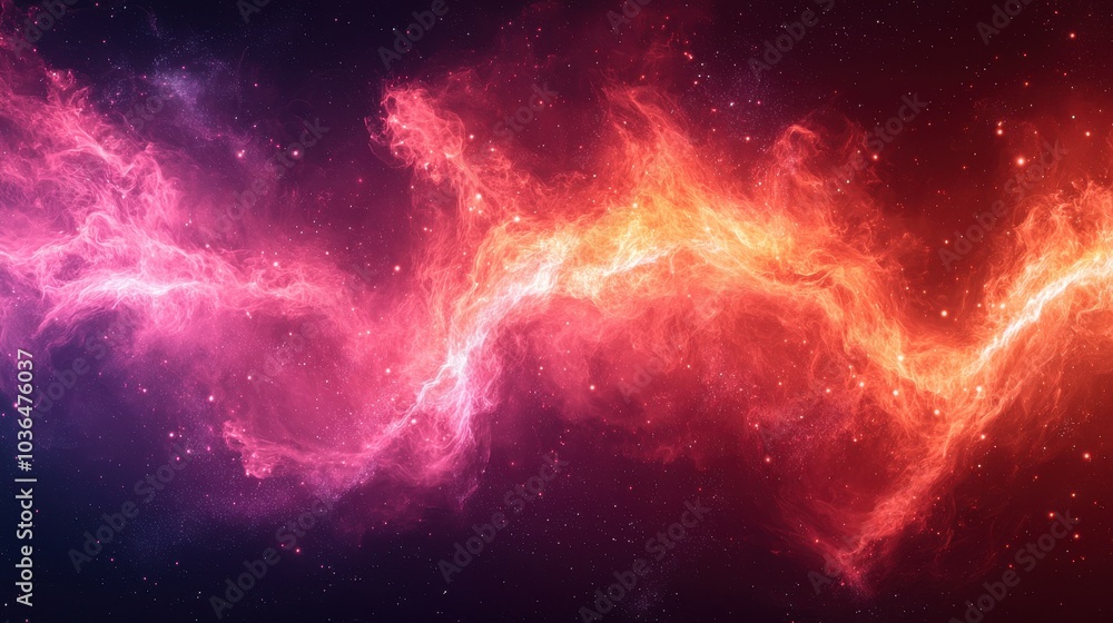 Obraz premium A vibrant cosmic nebula glows in shades of pink and orange against a dark starry background, showcasing the beauty of the universe