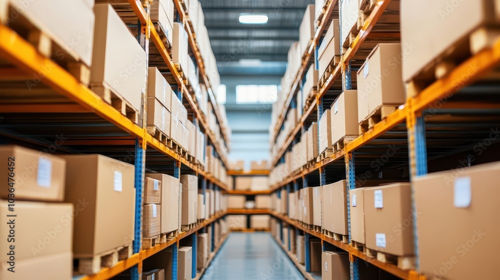 Efficient storage system, tall shelves filled with boxes, clean warehouse setup Efficient storage system, tall shelves filled with boxes, clean warehouse setup