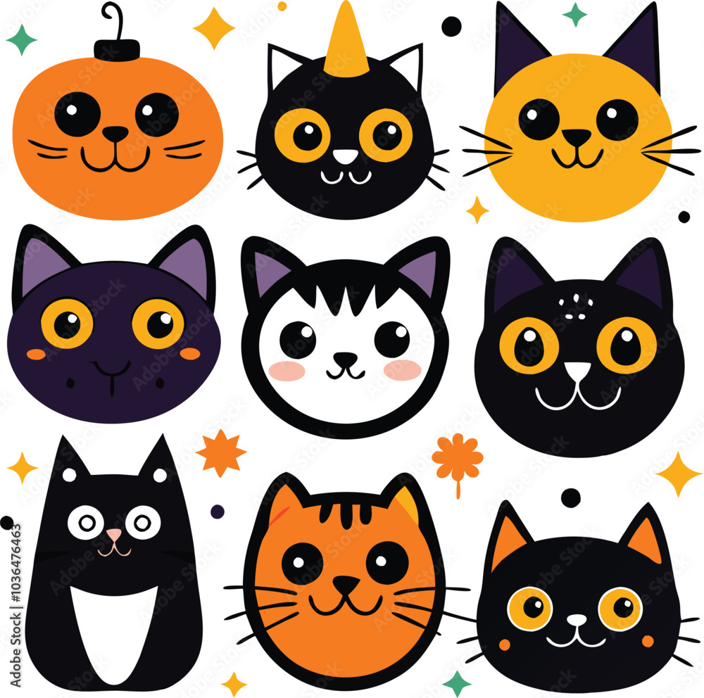 Fototapeta premium Cute Halloween Cat Faces with Pumpkin
